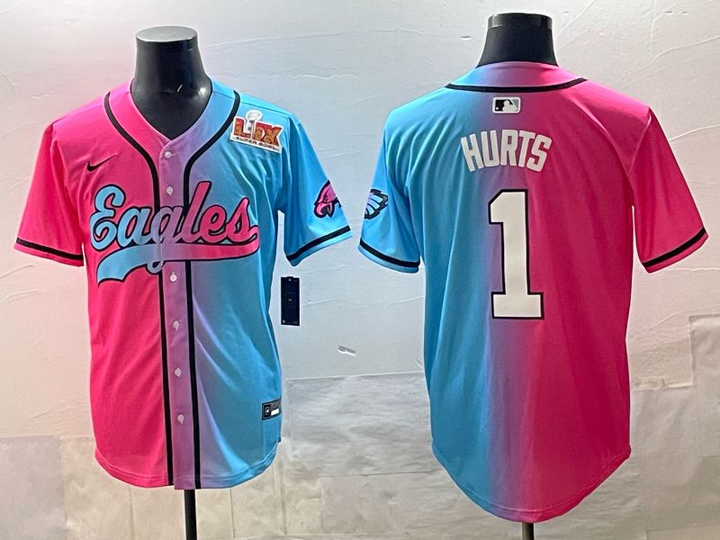 Men 2025 Philadelphia Eagles 1 Hurts Blue pink Nike Limited NFL Jersey style 06